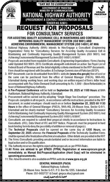 National Highway Authority Islamabad Tender Notice